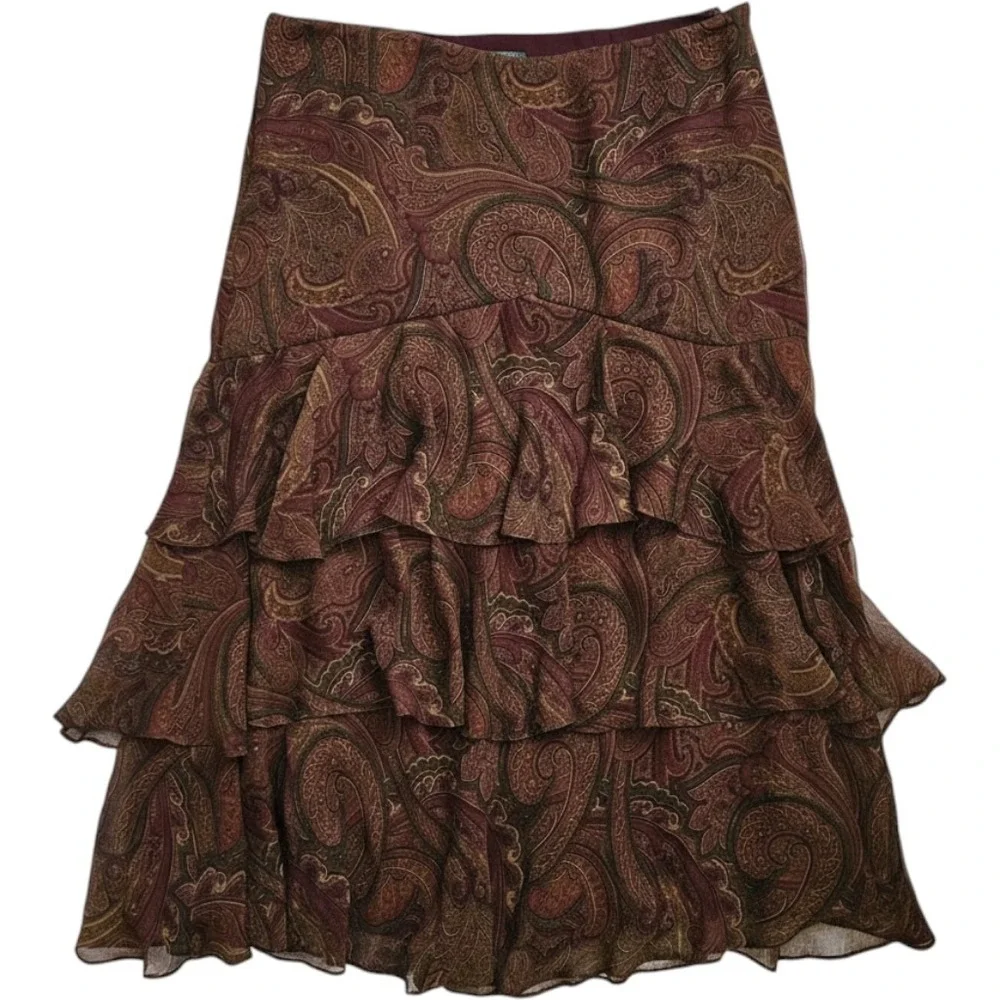 Lauren Ralph Lauren Womens Brown Paisley Ruffle Silk Boho Fairy Maxi Skirt 10